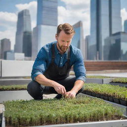 An urban farmer diligently cultivating a flourishing microgreens garden on a city rooftop farm, surrounded by towering skyscrapers.