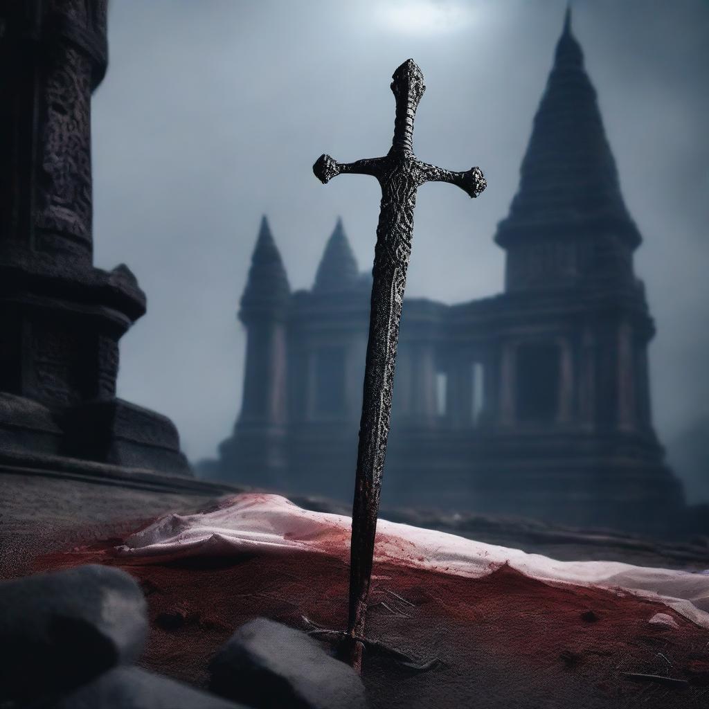 A sword-like scepter which half of its body is entrenched in the ground, with white sheets in it stained by blood