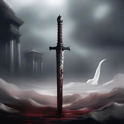 A sword-like scepter which half of its body is entrenched in the ground, with white sheets in it stained by blood