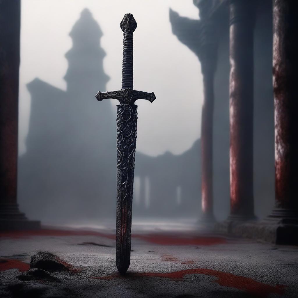 A sword-like scepter which half of its body is entrenched in the ground, with white sheets in it stained by blood