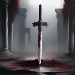 A sword-like scepter which half of its body is entrenched in the ground, with white sheets in it stained by blood