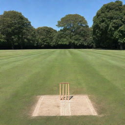 A traditional wooden cricket wicket standing on a lush green cricket field under a clear blue sky