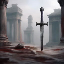 A sword-like scepter, half-buried in the ground with white sheets draped over the hilt, marred with bloodstains