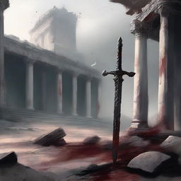 A sword-like scepter, half-buried in the ground with white sheets draped over the hilt, marred with bloodstains