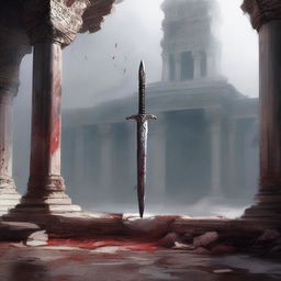 A sword-like scepter, half-buried in the ground with white sheets draped over the hilt, marred with bloodstains