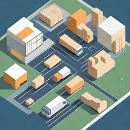 An illustration of a logistics routing system with various interconnected paths, trucks, and warehouses