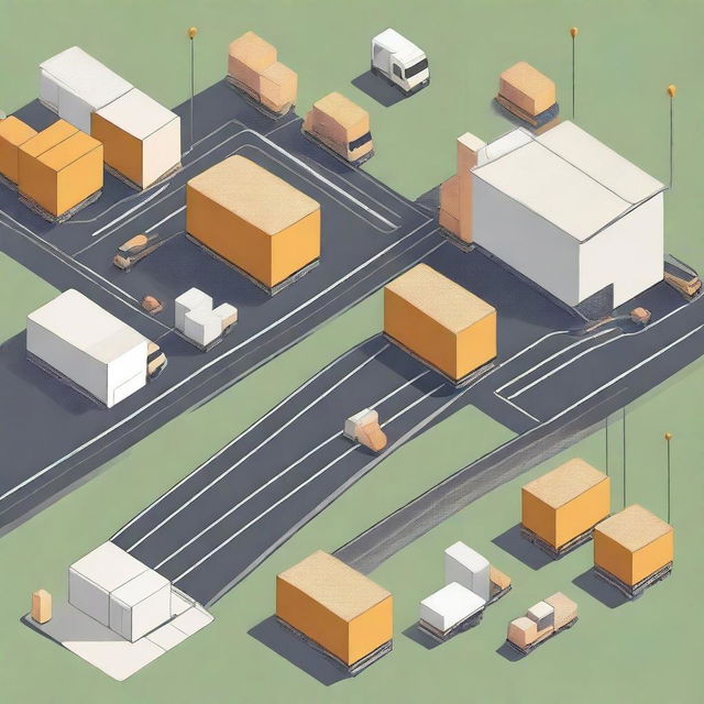 An illustration of a logistics routing system with various interconnected paths, trucks, and warehouses