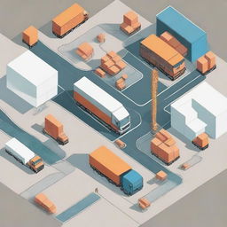 An illustration of a logistics routing system with various interconnected paths, trucks, and warehouses