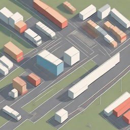 An illustration of a logistics routing system with various interconnected paths, trucks, and warehouses