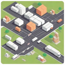 An illustration of a logistics routing system with various interconnected paths, trucks, and warehouses