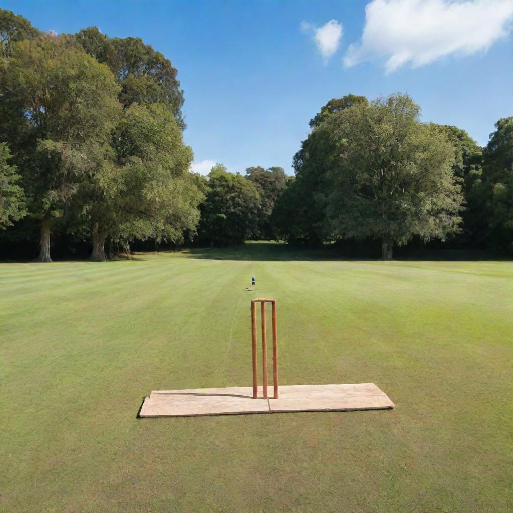 A traditional wooden cricket wicket standing on a lush green cricket field under a clear blue sky