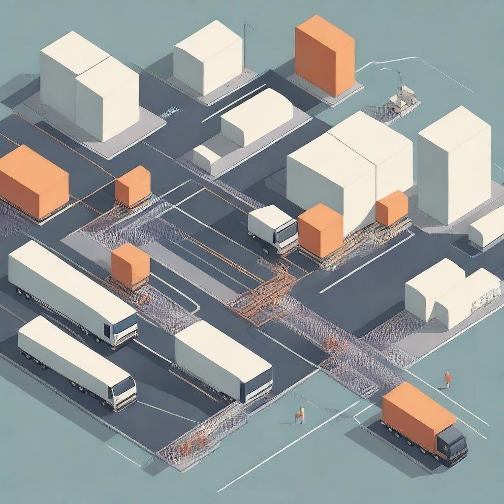 An illustration of a logistics routing system with various interconnected paths, trucks, and warehouses