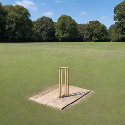 A traditional wooden cricket wicket standing on a lush green cricket field under a clear blue sky