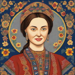 A detailed portrait of Olena Pchilka, a prominent Ukrainian writer, ethnographer, and cultural activist, depicted in traditional Ukrainian attire