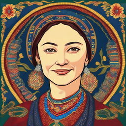 A detailed portrait of Olena Pchilka, a prominent Ukrainian writer, ethnographer, and cultural activist, depicted in traditional Ukrainian attire