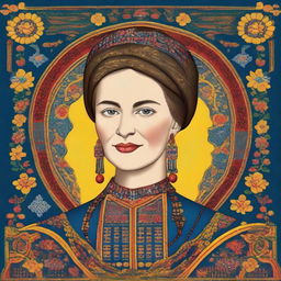 A detailed portrait of Olena Pchilka, a prominent Ukrainian writer, ethnographer, and cultural activist, depicted in traditional Ukrainian attire