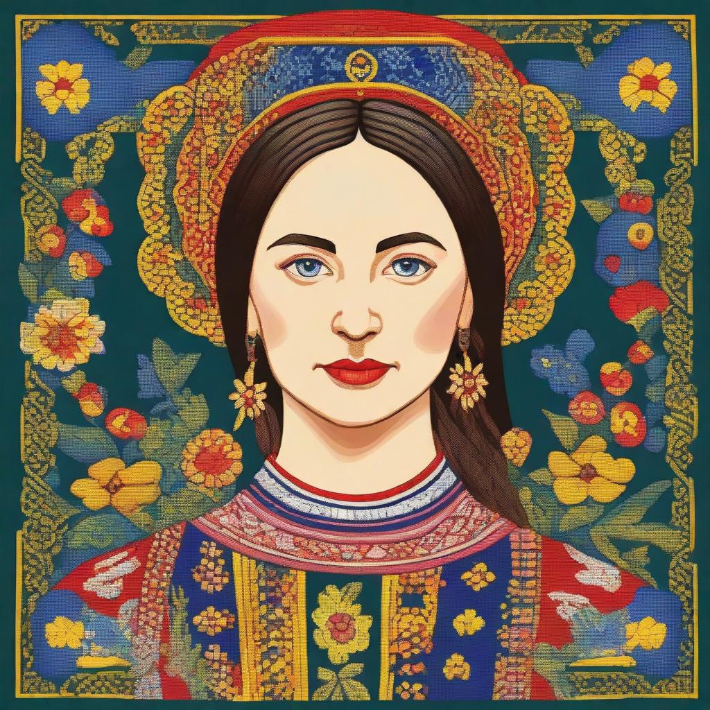 A detailed portrait of Olena Pchilka, a prominent Ukrainian writer, ethnographer, and cultural activist, depicted in traditional Ukrainian attire