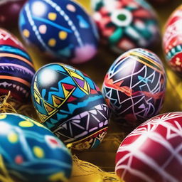 A vibrant and detailed image of traditional Ukrainian Easter eggs, known as 'Pysanky