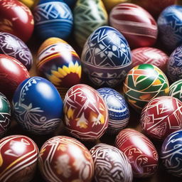 A vibrant and detailed image of traditional Ukrainian Easter eggs, known as 'Pysanky