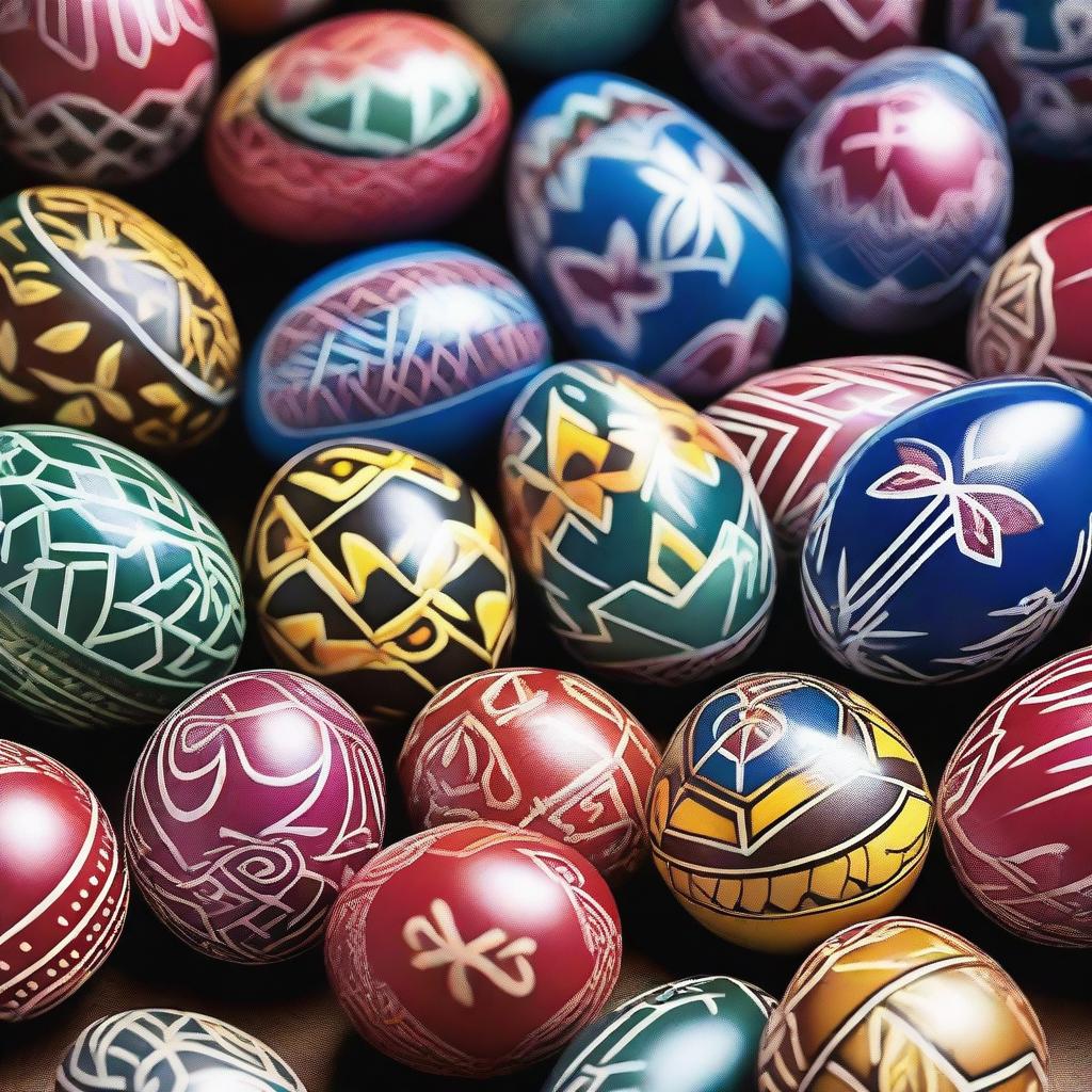 A vibrant and detailed image of traditional Ukrainian Easter eggs, known as 'Pysanky