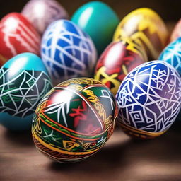 A vibrant and detailed image of traditional Ukrainian Easter eggs, known as 'Pysanky