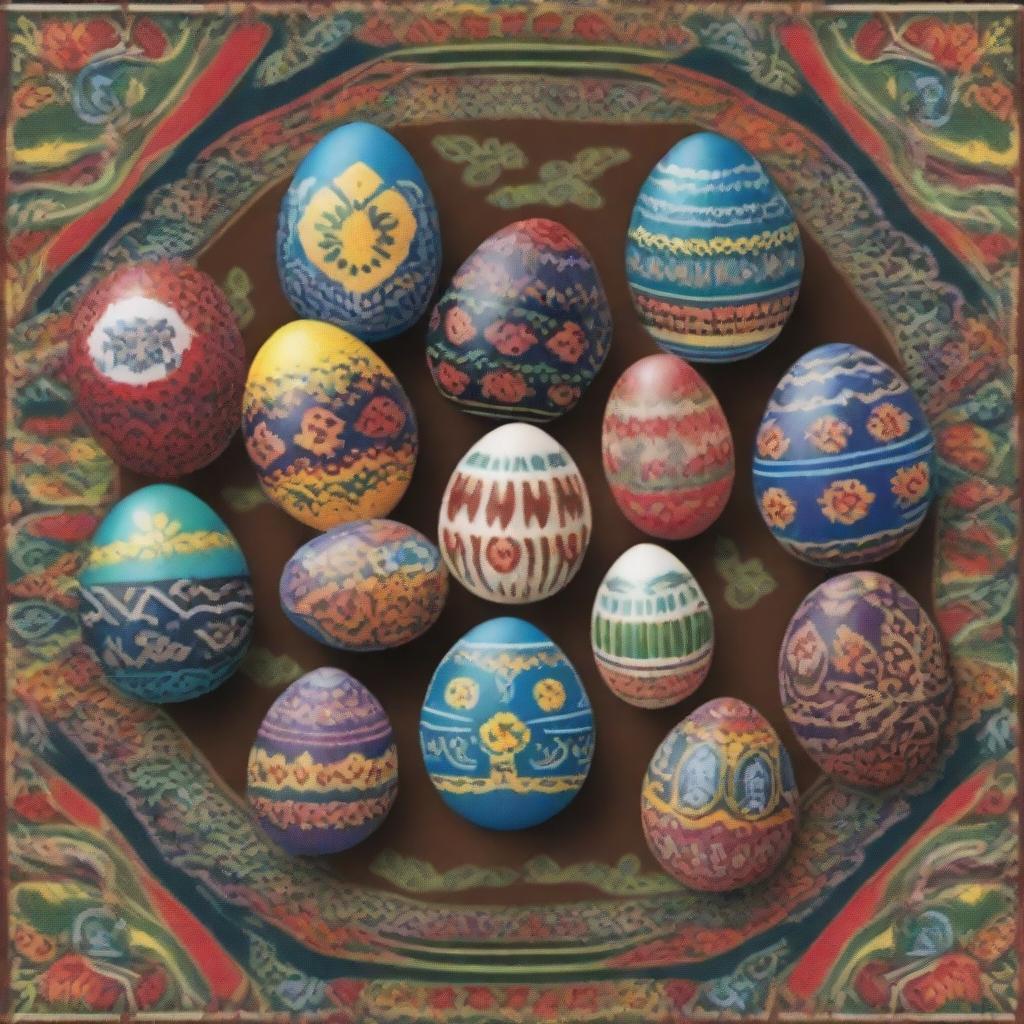 A poster featuring traditional Ukrainian Easter eggs, known as 'Pysanky,' surrounded by intricate Ukrainian ornaments and patterns