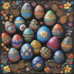 A poster featuring traditional Ukrainian Easter eggs, known as 'Pysanky,' surrounded by intricate Ukrainian ornaments and patterns