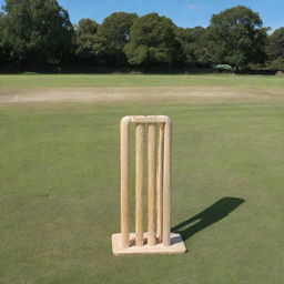 A traditional wooden cricket wicket standing on a lush green cricket field under a clear blue sky