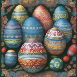 A poster featuring traditional Ukrainian Easter eggs, known as 'Pysanky,' surrounded by intricate Ukrainian ornaments and patterns