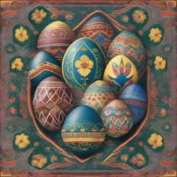 A poster featuring traditional Ukrainian Easter eggs, known as 'Pysanky,' surrounded by intricate Ukrainian ornaments and patterns