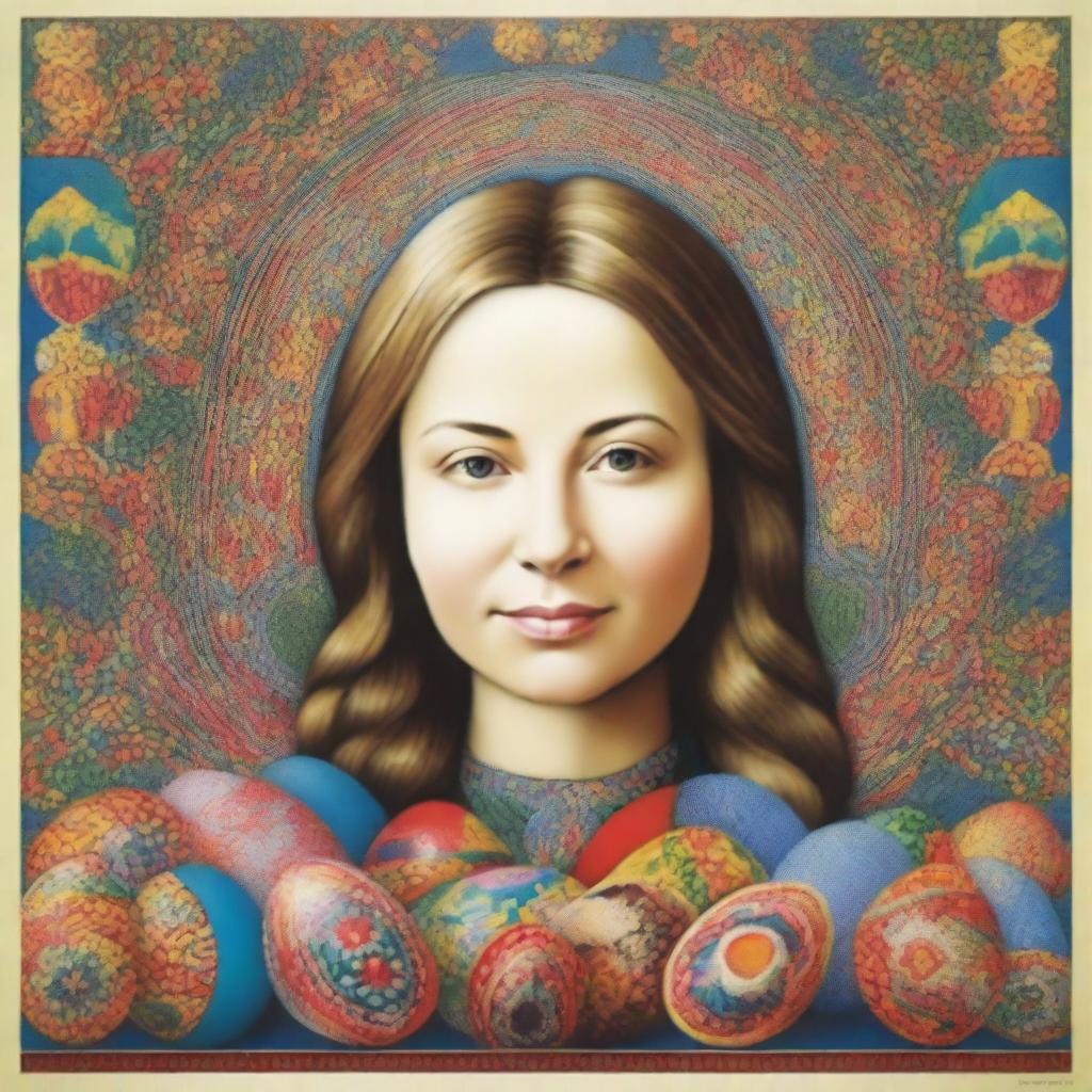 A poster featuring a detailed portrait of Olena Pchilka, a prominent Ukrainian writer, ethnographer, and cultural activist, alongside traditional Ukrainian Easter eggs, known as 'Pysanky