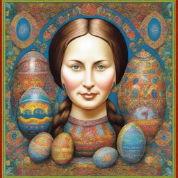 A poster featuring a detailed portrait of Olena Pchilka, a prominent Ukrainian writer, ethnographer, and cultural activist, alongside traditional Ukrainian Easter eggs, known as 'Pysanky