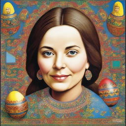 A poster featuring a detailed portrait of Olena Pchilka, a prominent Ukrainian writer, ethnographer, and cultural activist, alongside traditional Ukrainian Easter eggs, known as 'Pysanky