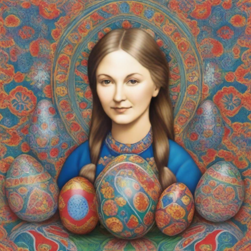 A poster featuring a detailed portrait of Olena Pchilka, a prominent Ukrainian writer, ethnographer, and cultural activist, alongside traditional Ukrainian Easter eggs, known as 'Pysanky