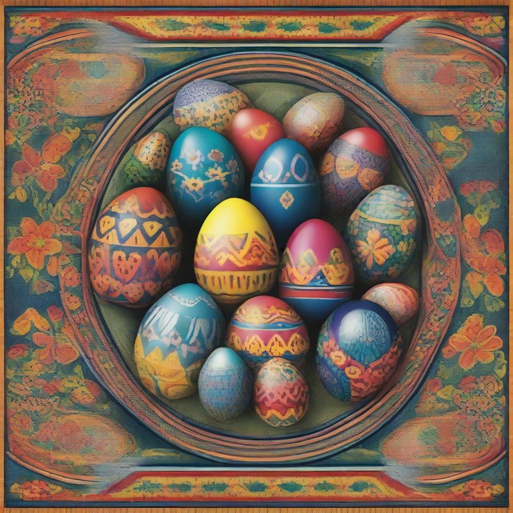 A poster featuring traditional Ukrainian ornaments and patterns, with a focus on vibrant and intricately decorated Ukrainian Easter eggs, known as 'Pysanky