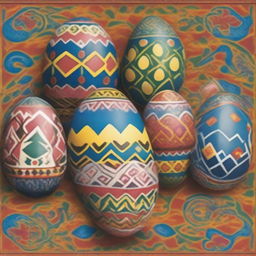 A poster featuring traditional Ukrainian ornaments and patterns, with a focus on vibrant and intricately decorated Ukrainian Easter eggs, known as 'Pysanky