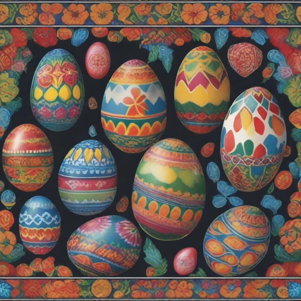 A poster featuring traditional Ukrainian ornaments and patterns, with a focus on vibrant and intricately decorated Ukrainian Easter eggs, known as 'Pysanky