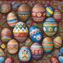 A poster featuring traditional Ukrainian ornaments and patterns, with a focus on vibrant and intricately decorated Ukrainian Easter eggs, known as 'Pysanky