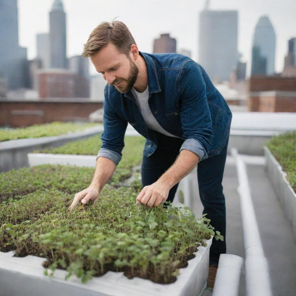 An urban farmer affectionately tending to microgreens in a city rooftop farm. Advanced LED grow lights illuminating the lush greenery against the contrasting city skyline.