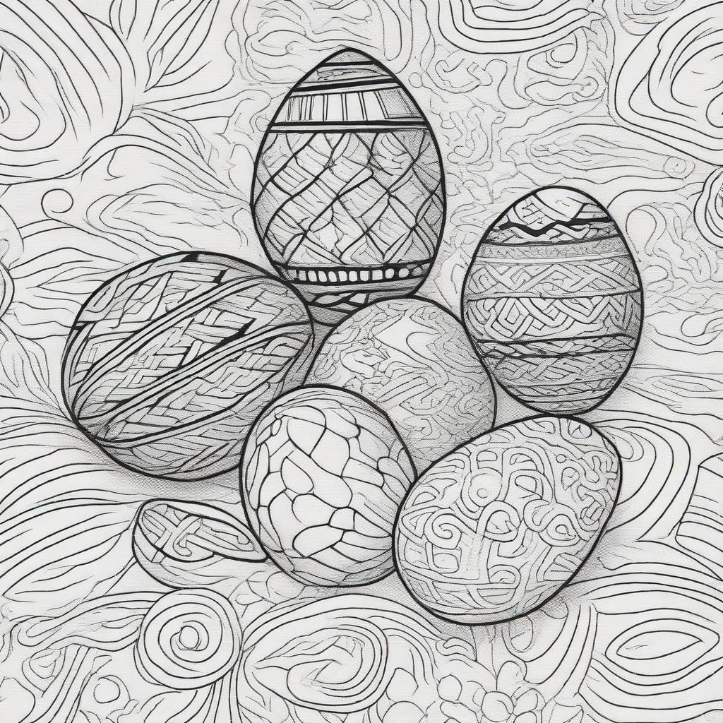 A black and white illustration of traditional Ukrainian Easter eggs, known as 'Pysanky