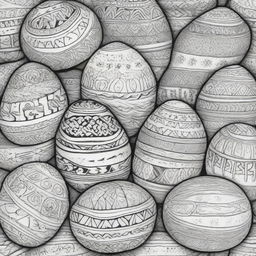 A black and white illustration of traditional Ukrainian Easter eggs, known as 'Pysanky