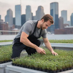 An urban farmer affectionately tending to microgreens in a city rooftop farm. Advanced LED grow lights illuminating the lush greenery against the contrasting city skyline.