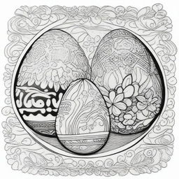 A black and white illustration of traditional Ukrainian Easter eggs, known as 'Pysanky