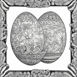 A black and white illustration of traditional Ukrainian Easter eggs, known as 'Pysanky