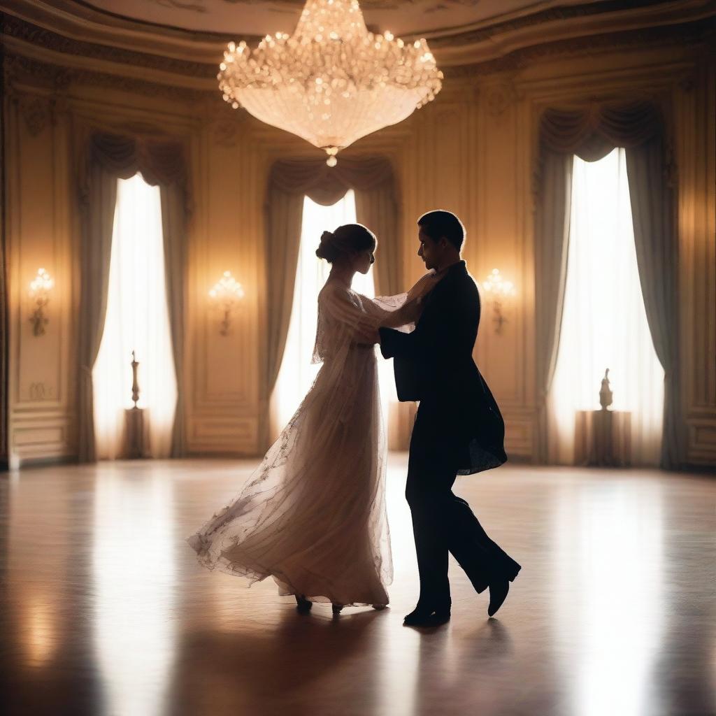 A ghostly man and woman dancing elegantly at a grand ballroom