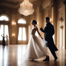 A ghostly man and woman dancing elegantly at a grand ballroom