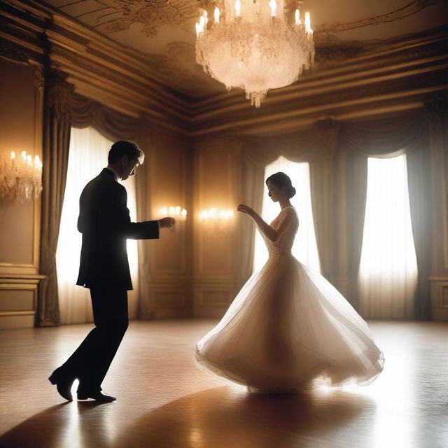 A ghostly man and woman dancing elegantly at a grand ballroom