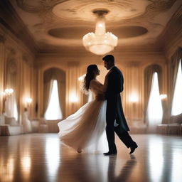 A ghostly man and woman dancing elegantly at a grand ballroom