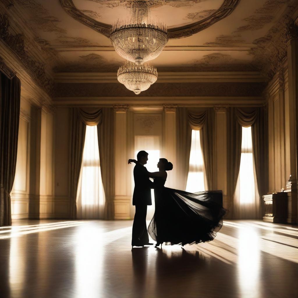 The shadows of a man and woman dancing elegantly at a grand ballroom