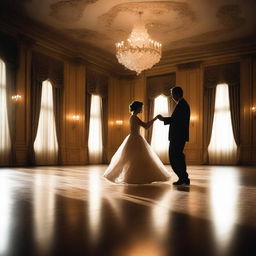 The shadows of a man and woman dancing elegantly at a grand ballroom